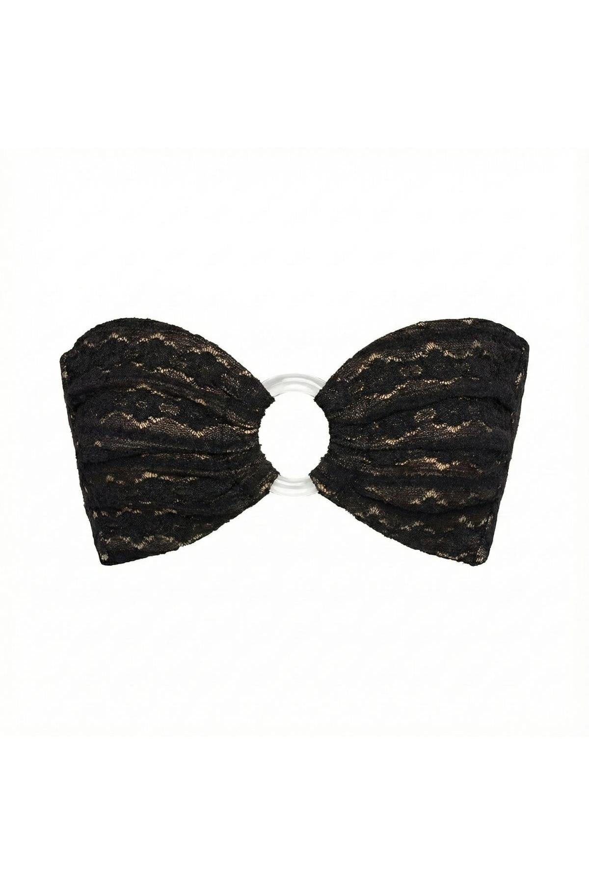 Black lace bandeau bikini top with daisy pattern and white ring center detail.
