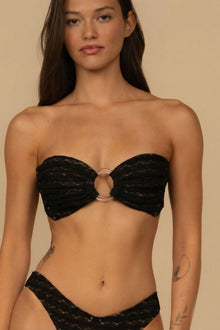 Black lace bandeau bikini top with daisy pattern and center ring detail.