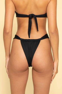 Black ribbed bikini bottom with tie-side straps and textured fabric detail.