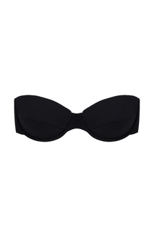 Black ribbed bikini top with structured bustier cups and center front seam detail.