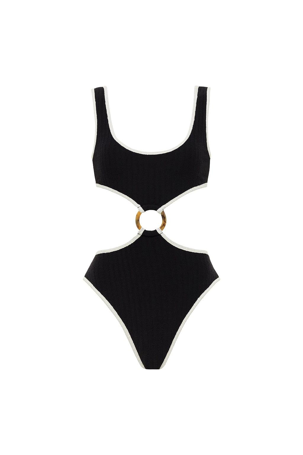Black one-piece swimsuit with cream binding, cutout detail at center front, and gold ring accent.