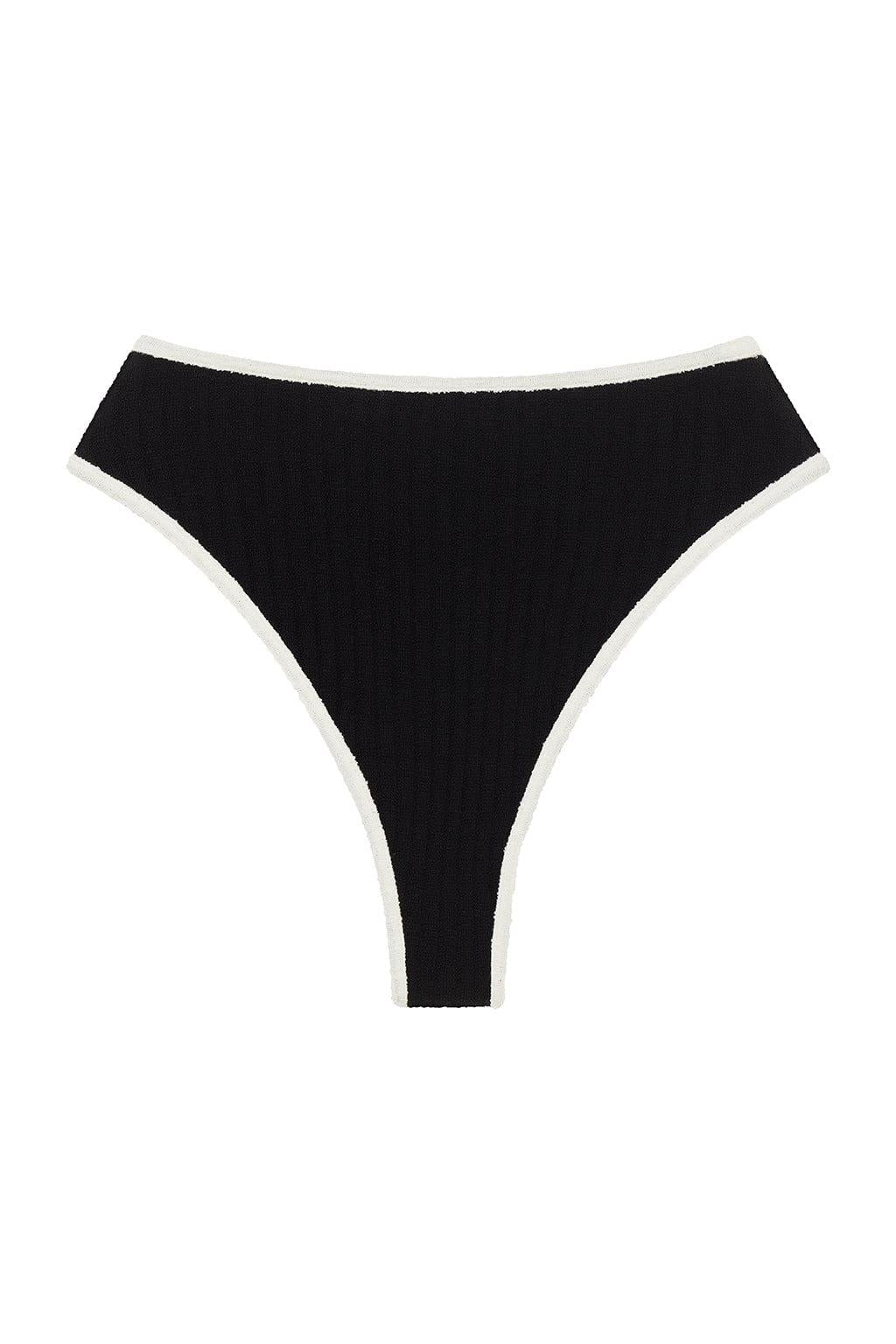 Black terry rib bikini bottom with cream-colored binding on the waistband and leg openings.