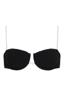 Black terry rib bikini top with petal-shaped cups, cream-colored straps, and center front closure.