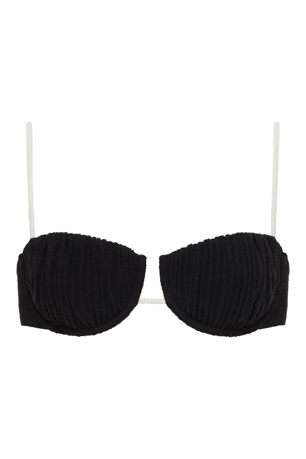 Black terry rib bikini top with petal-shaped cups, cream-colored straps, and center front closure.