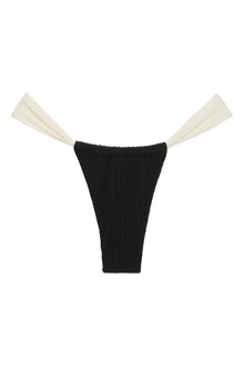 Black terry rib bikini bottom with cream-colored binding on the waistband and leg openings.