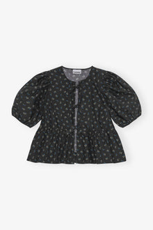 Black Printed Cotton Peplum Blouse | Phantom
