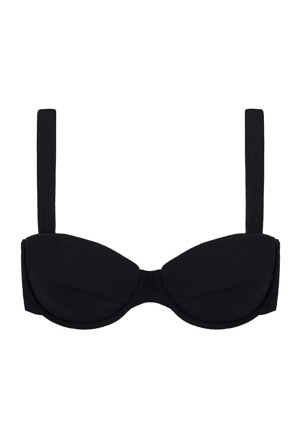 Black ribbed bustier bikini top with underwire cups and thin shoulder straps.