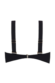 Black ribbed bikini top with bow-shaped cups, adjustable shoulder straps with metal hardware and center clasp.