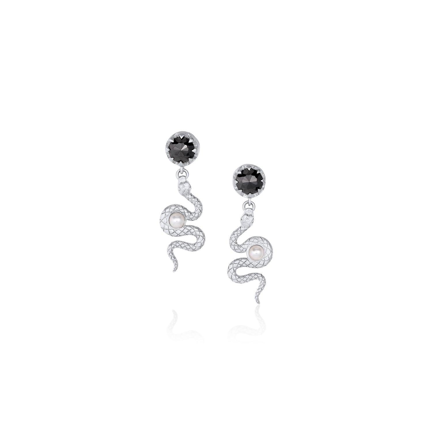 Women | Black Diamond Serpent Swing Earrings | 14k White Gold