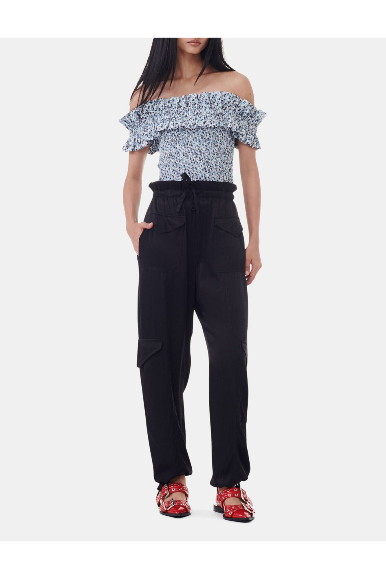 Blue Floral Printed Cotton Off shoulder Smock Top | Glacier Lake