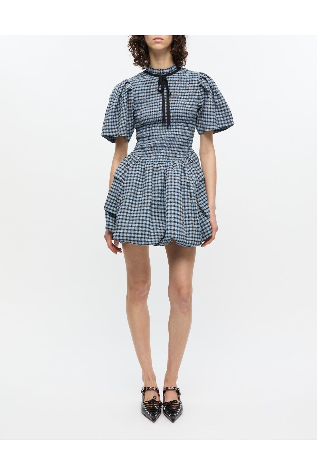 Blue Seersucker Check Mini Smock Dress | Soft Chambray