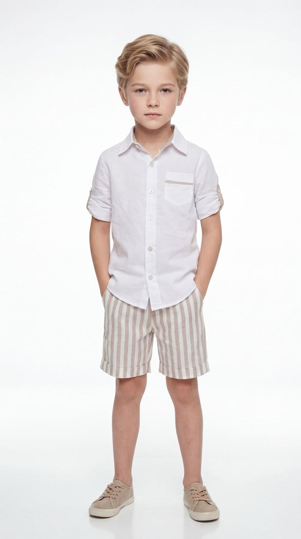 Boy | Ashton Striped Linen Shorts and Top Set | White x Beige