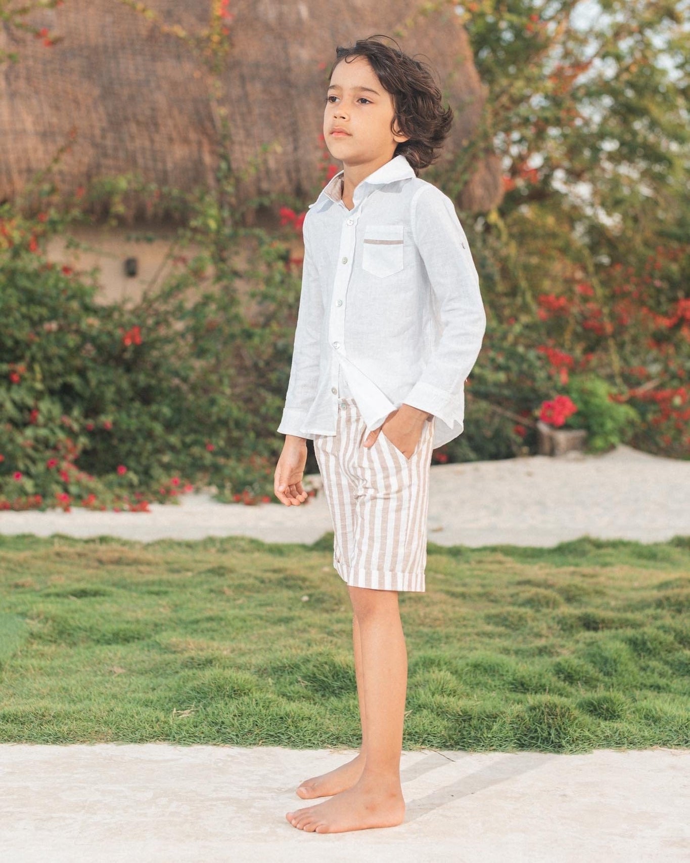 Boy | Ashton Striped Linen Shorts and Top Set | White x Beige