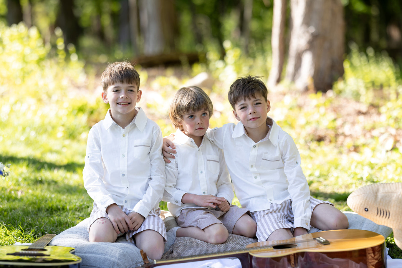 Boy | Ashton Striped Linen Shorts and Top Set | White x Beige