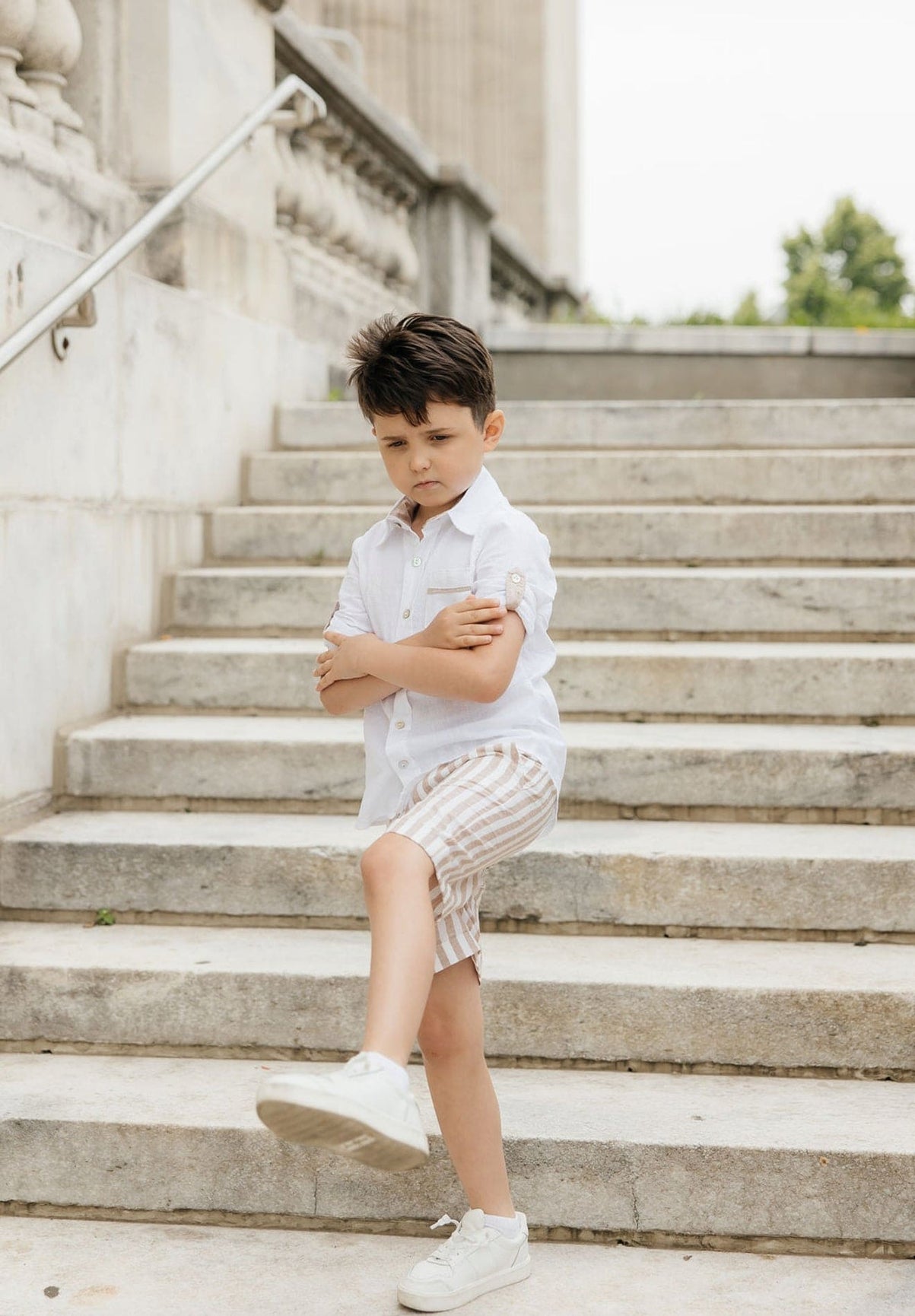 Boy | Ashton Striped Linen Shorts and Top Set | White x Beige