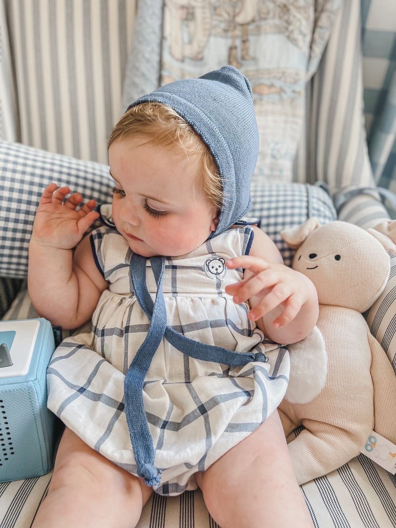 Boy | Checkered Linen Baby Boy Romper | White x Navy