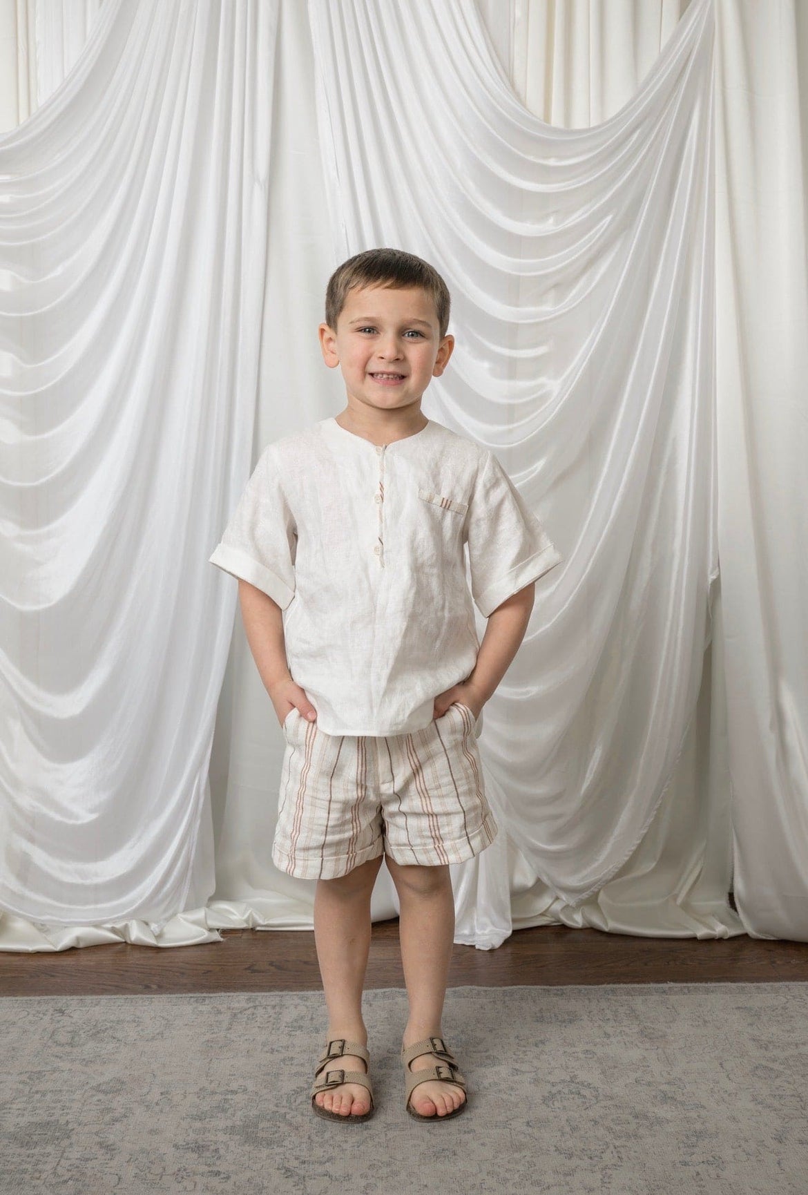 Boy | White and Beige Striped Linen Shorts