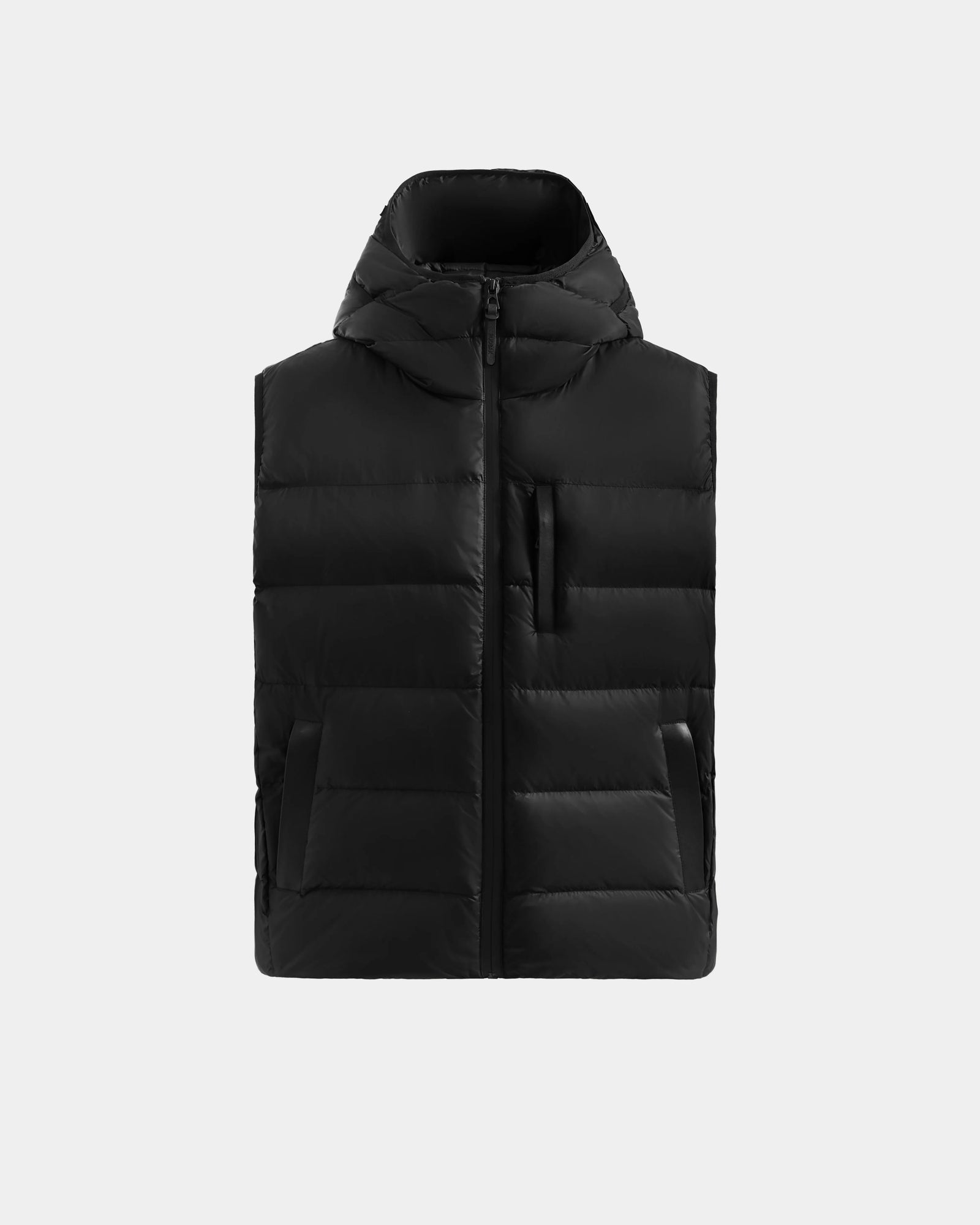 The Rudsak BROOKS - M125520 Black men’s down puffer vest features a recycled-nylon shell, high collar with attached hood, front zipper, two side pockets, and a chest pocket, shown on a plain light gray background.