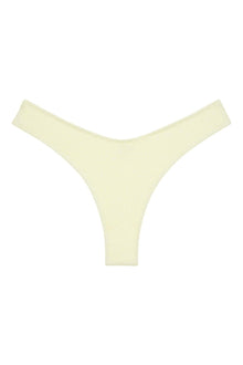 Buttercream ribbed bikini bottom with zig-zag stitching and high-cut leg openings.