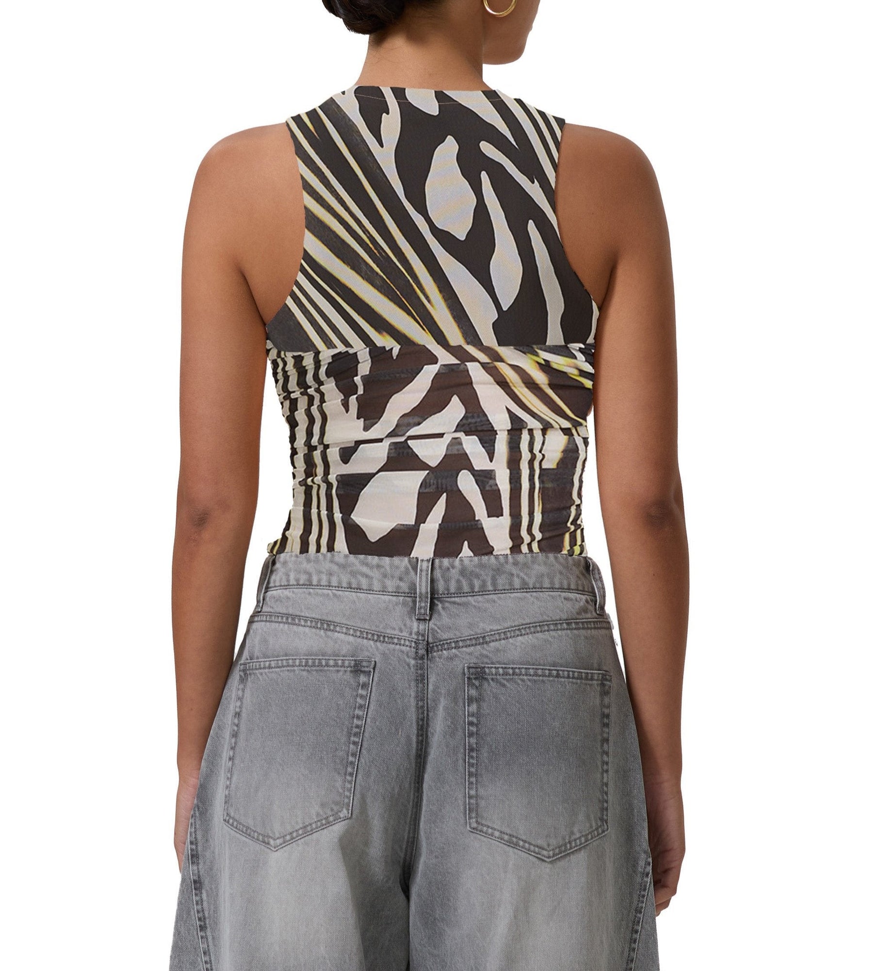 women's sleeveless top with illusion bandeau detail in zebra lime print