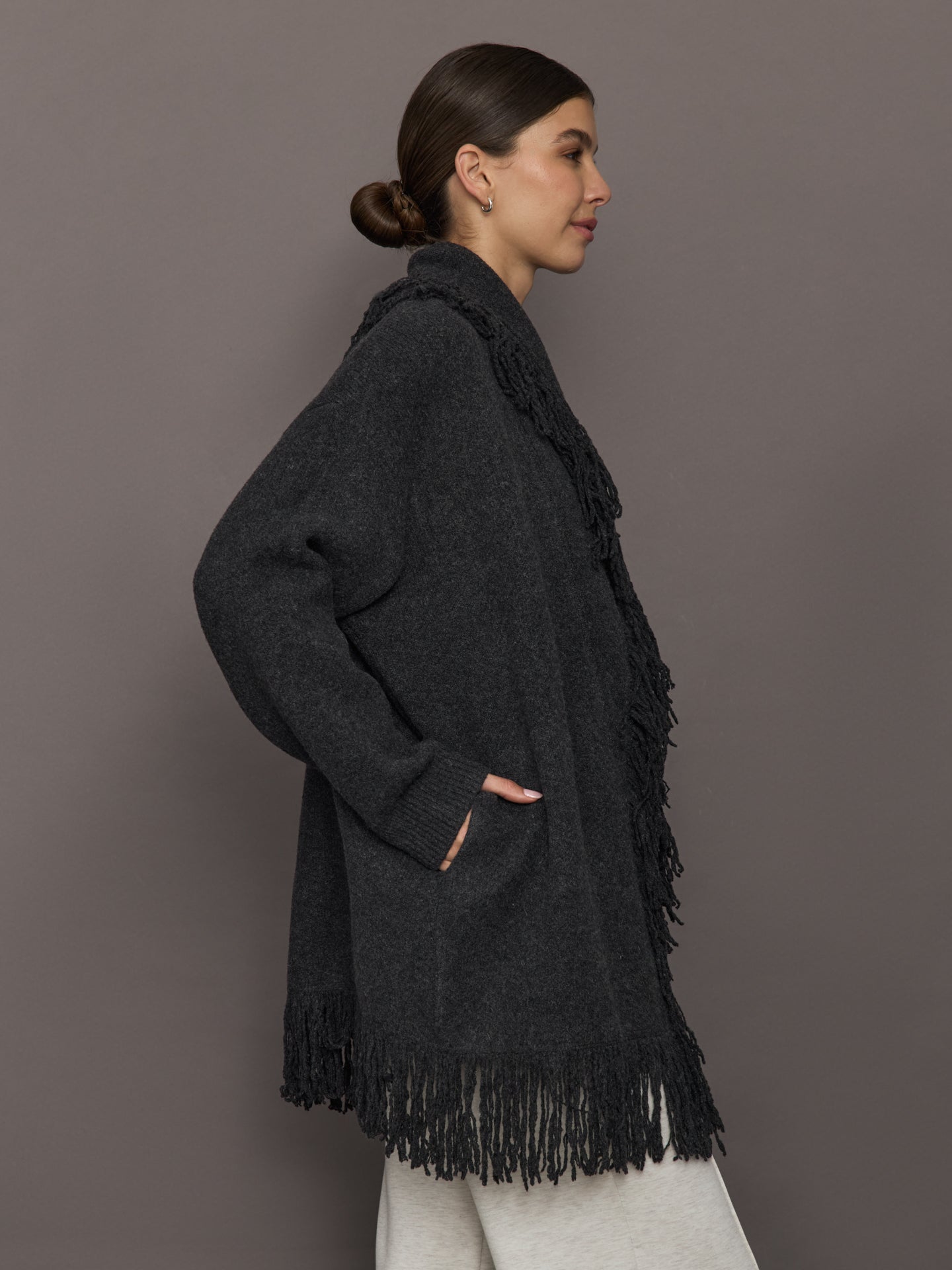 Tassel Shawl Collar Sweater | Charcoal