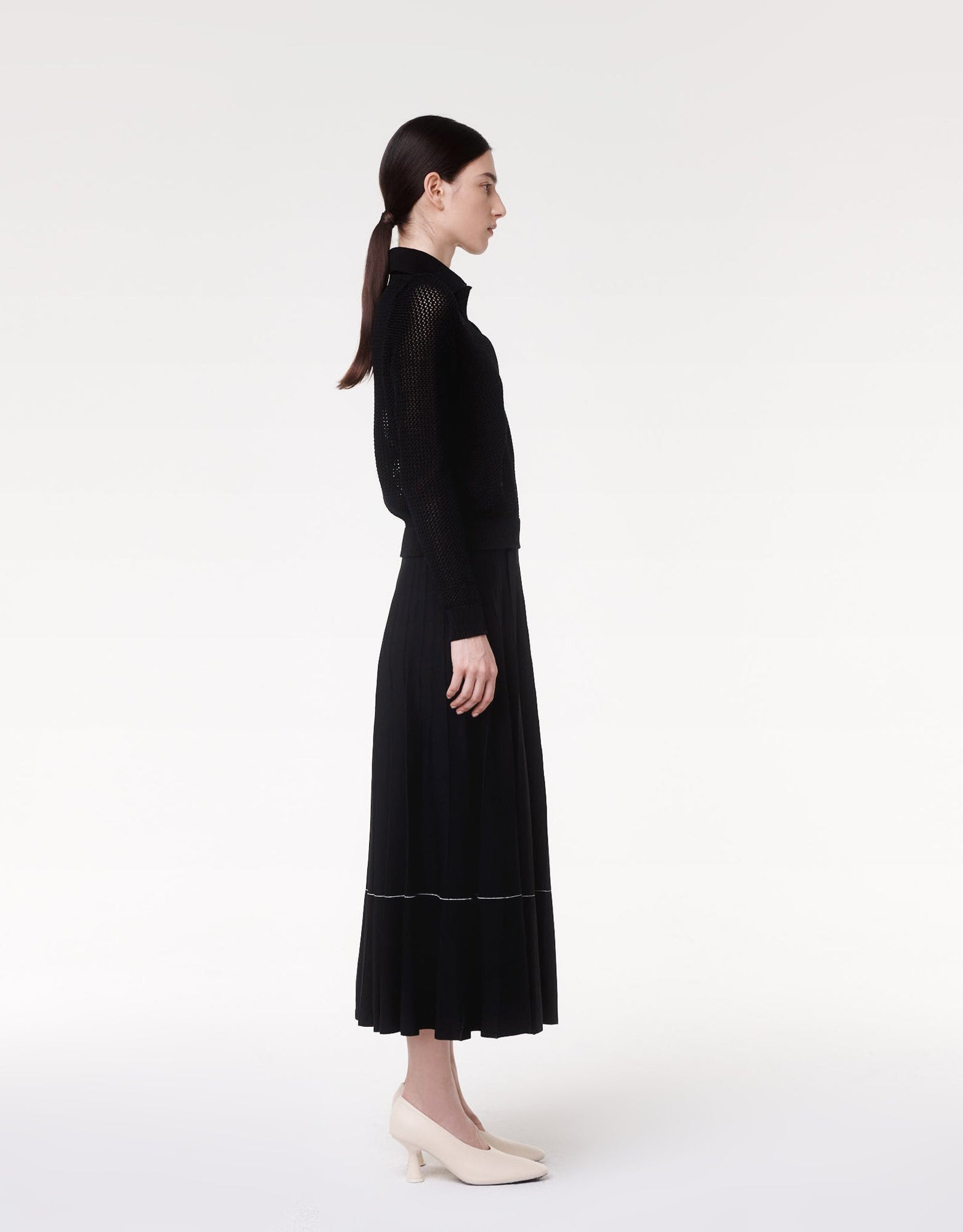 Another Tomorrow Crochet Polo Sweater in Black – Cotton Women's Knitwear