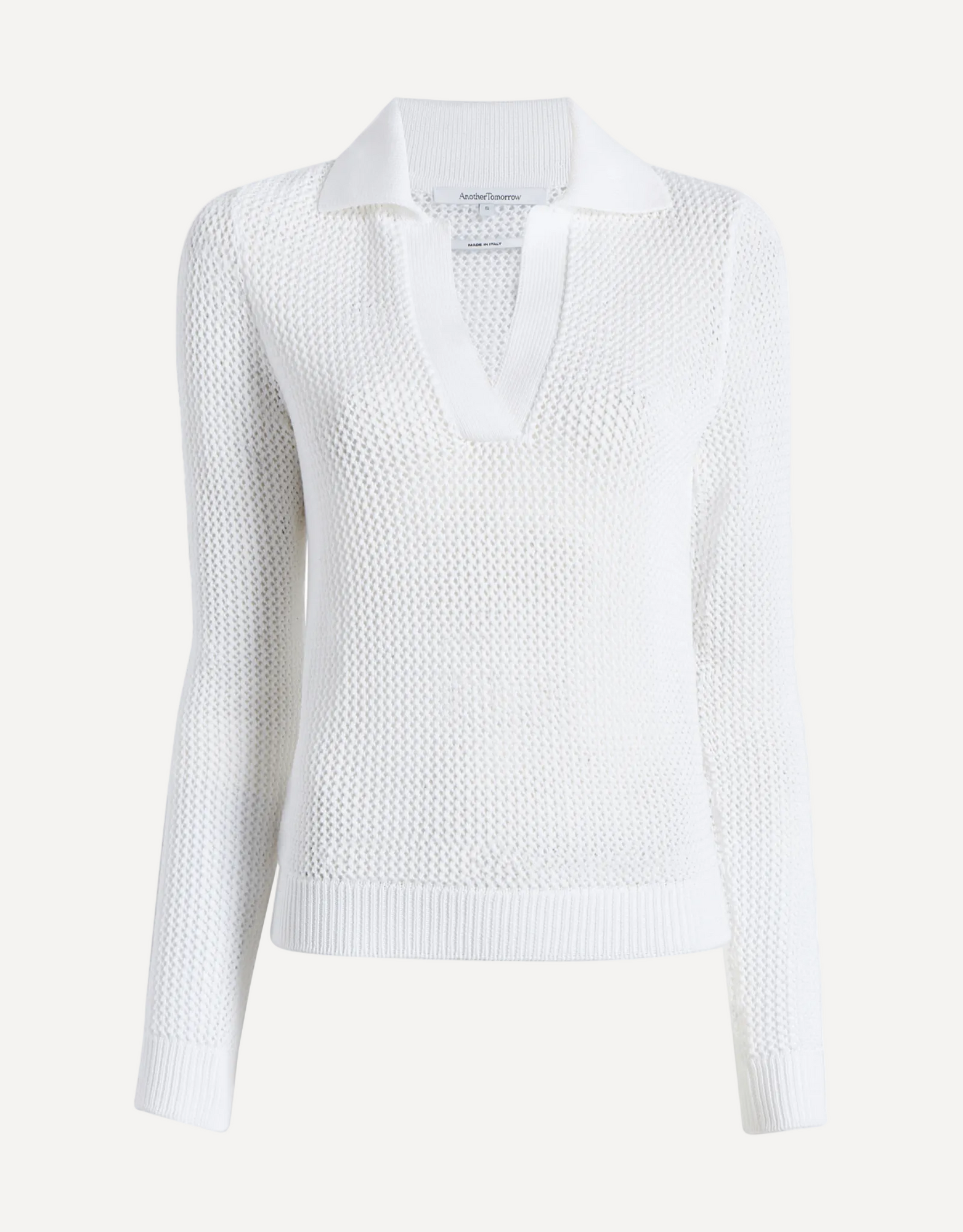 Another Tomorrow Crochet Polo Sweater in White – Cotton Women's Knitwear
