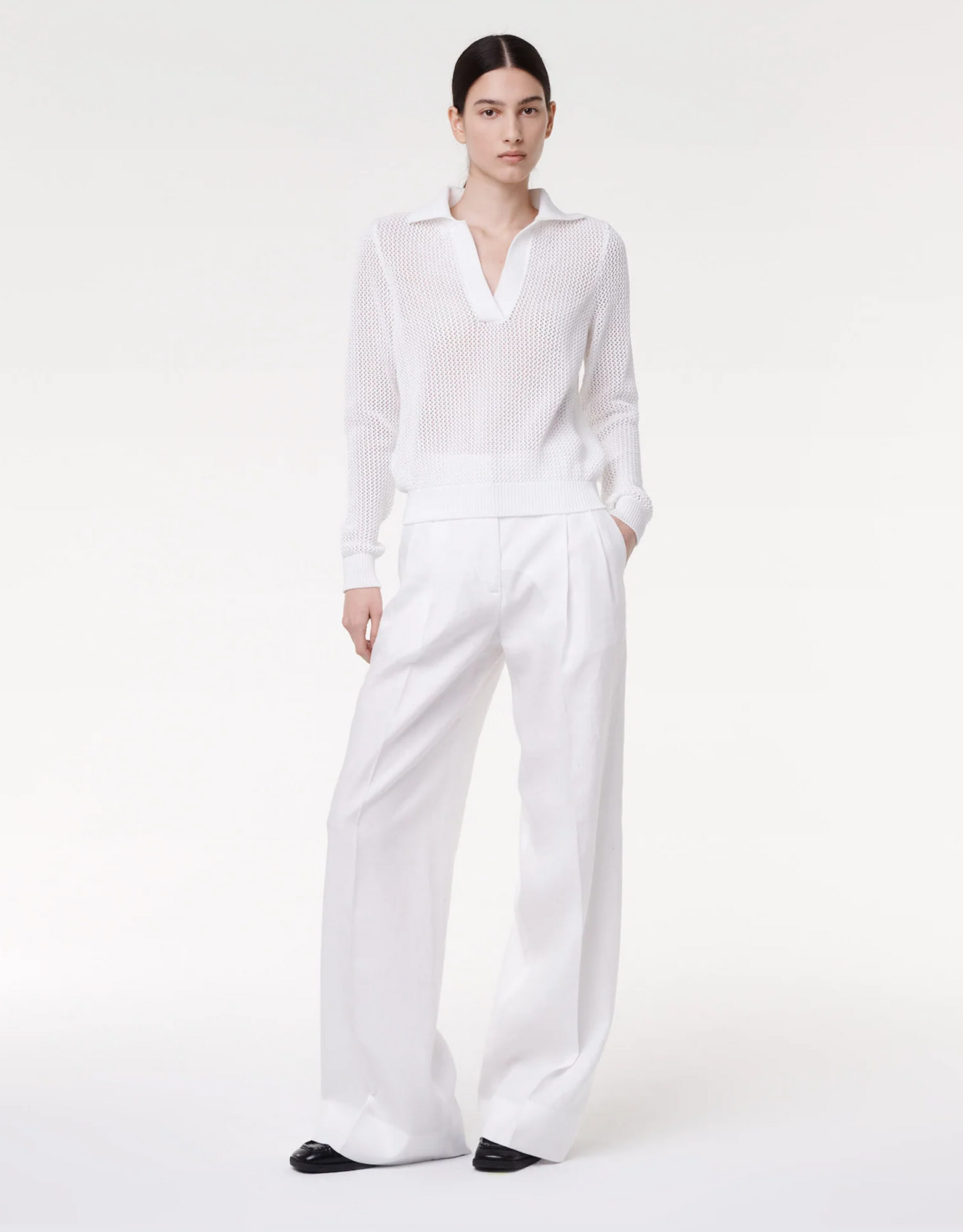 Another Tomorrow Crochet Polo Sweater in White – Cotton Women's Knitwear