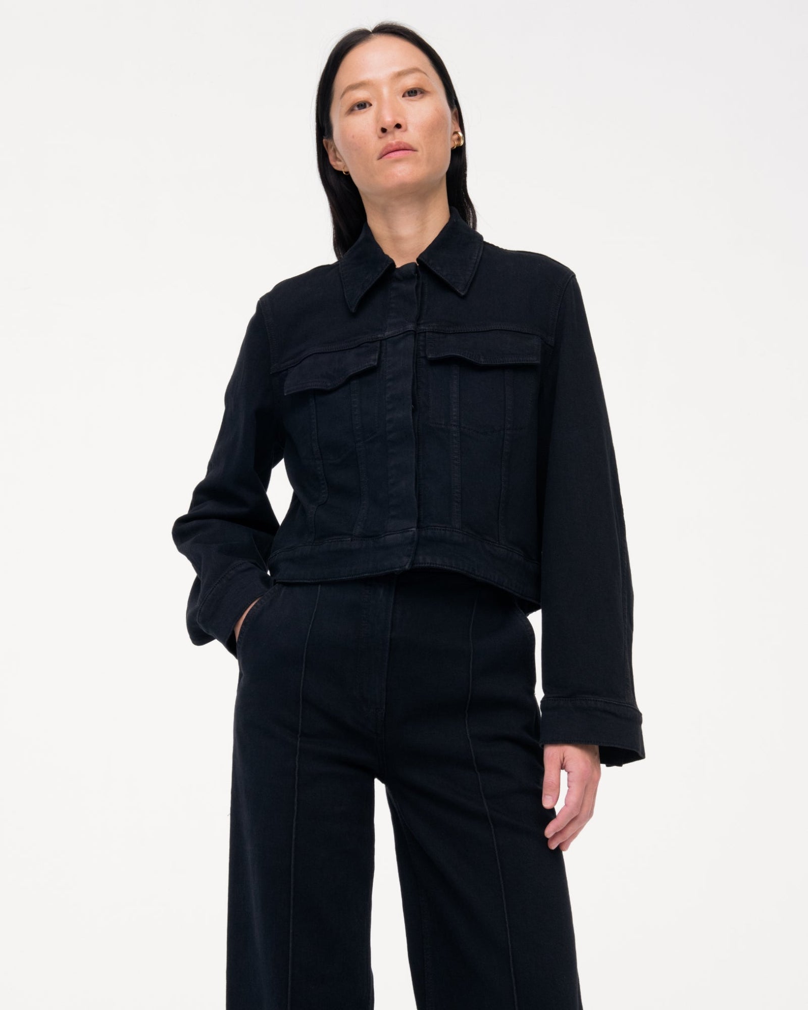 Another Tomorrow Cropped Denim Jacket in Overdye Black – Denim Women's Jacket