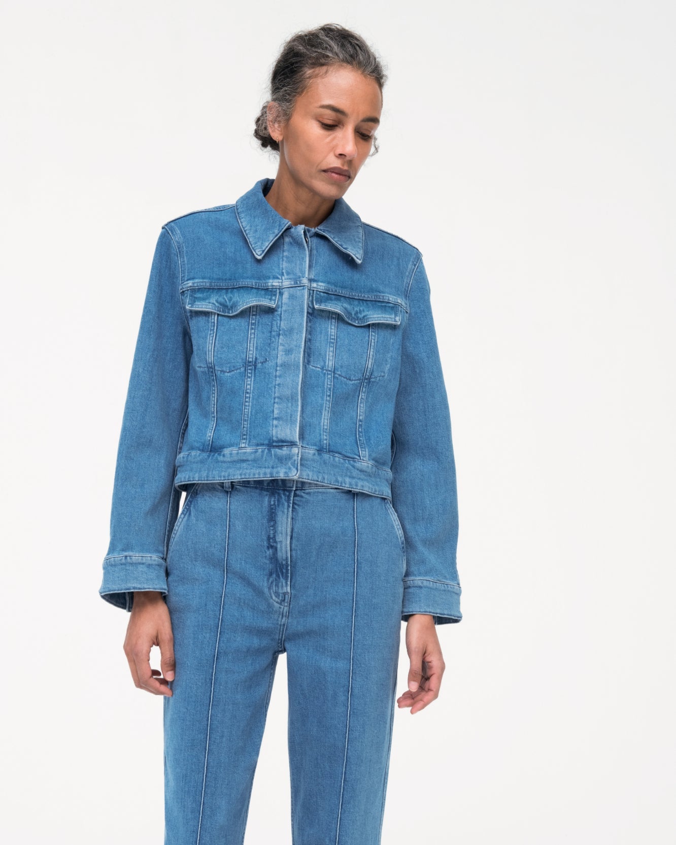 Another Tomorrow Cropped Denim Jacket in Light Blue Wash – Denim Women's Jacket