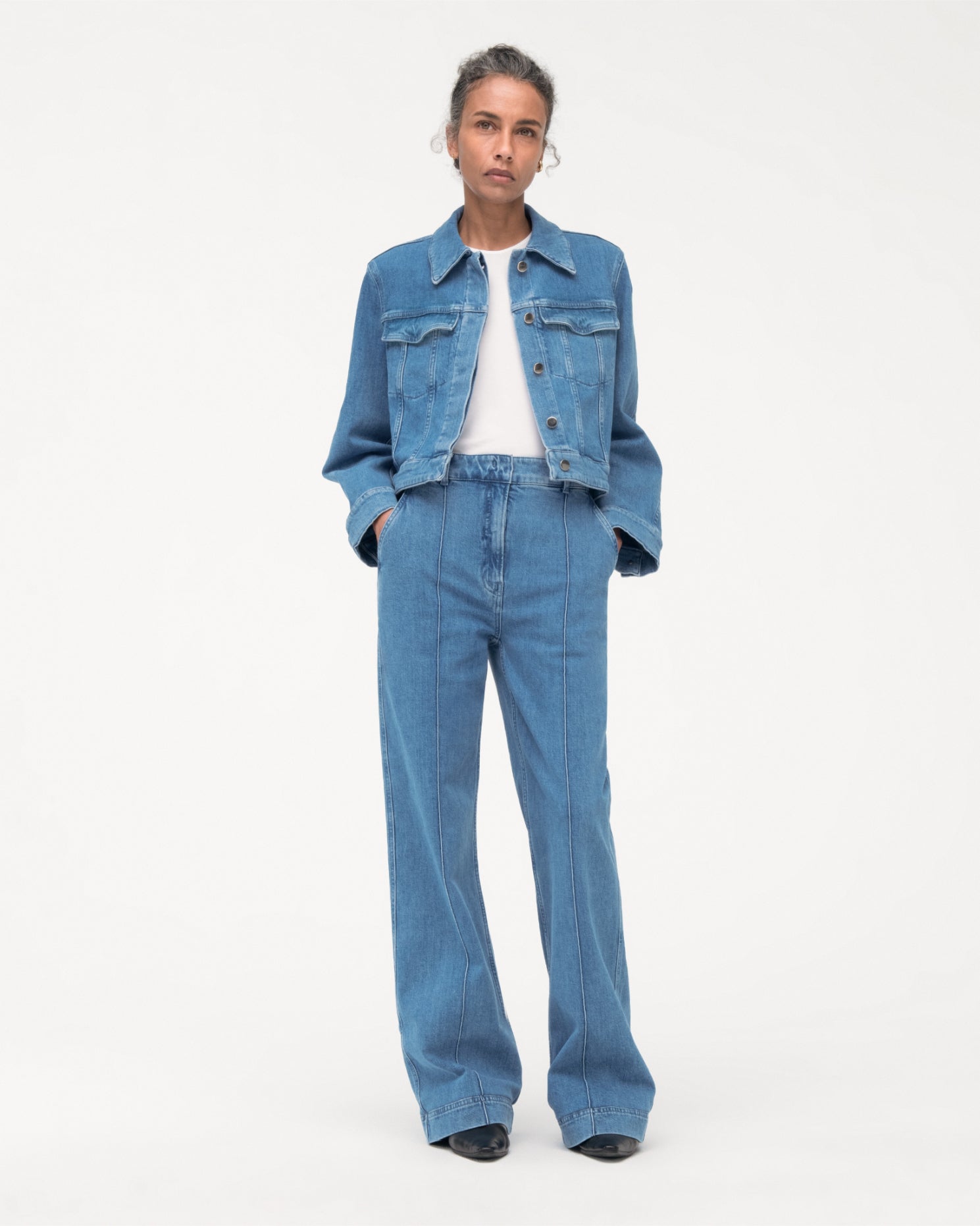 Another Tomorrow Cropped Denim Jacket in Light Blue Wash – Denim Women's Jacket