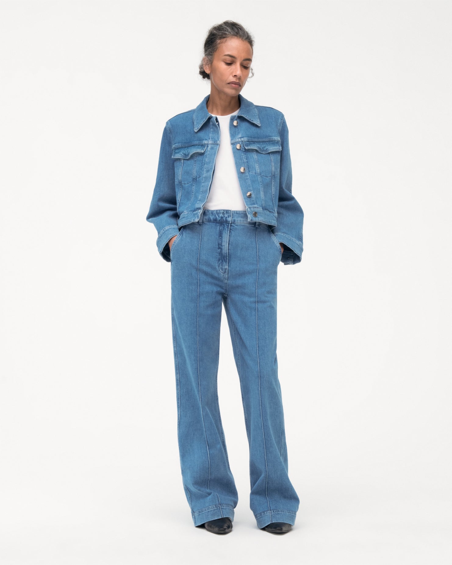 Another Tomorrow Cropped Denim Jacket in Light Blue Wash – Denim Women's Jacket