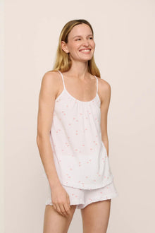 Model is wearing Gisele TENCEL Printed Modal Ruffle Cami & Shortie Short Set in SummerDaisyWhite