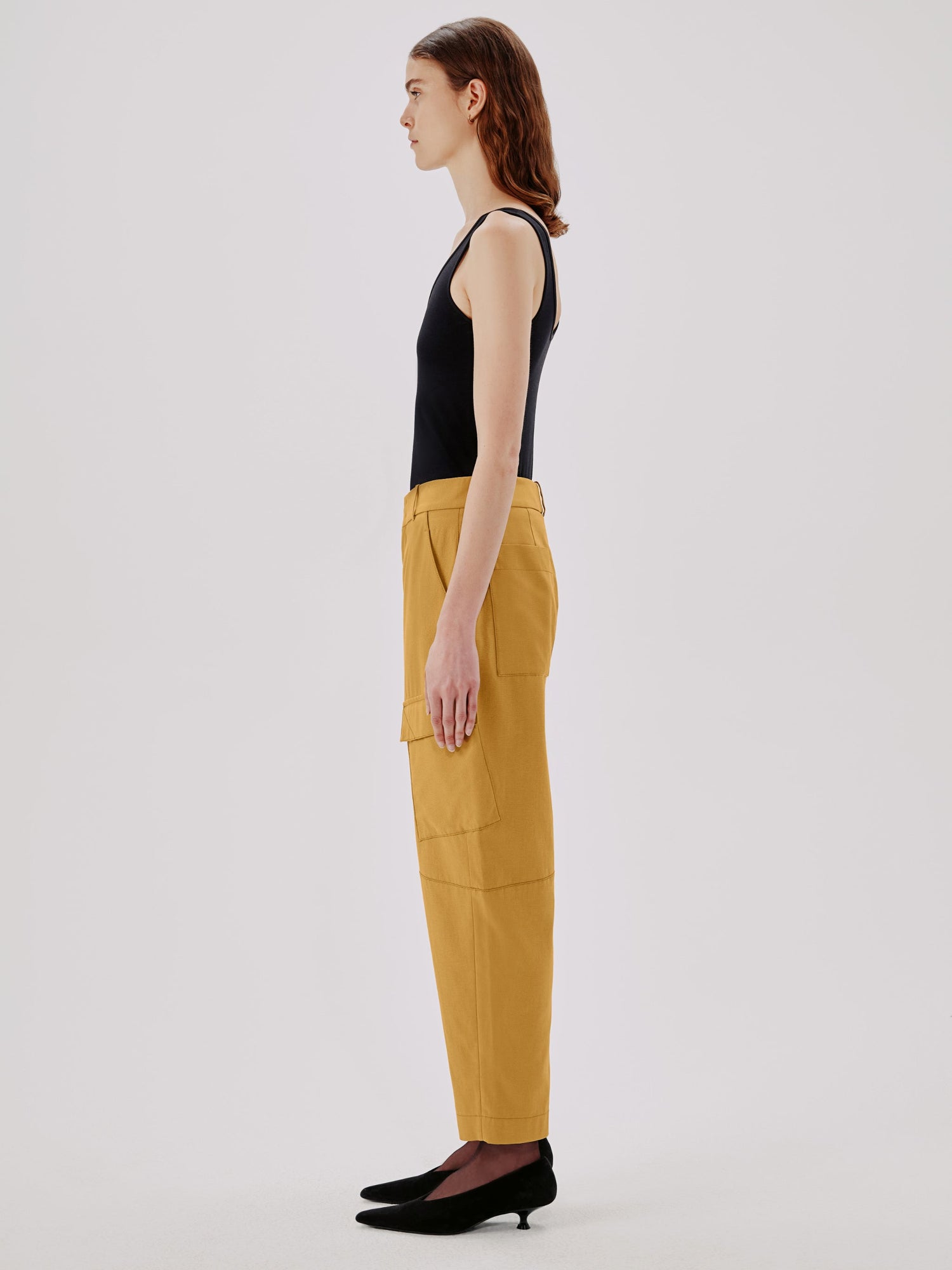 Another Tomorrow Curved Cargo Pant in Goldenrod – Cotton Women's Trousers