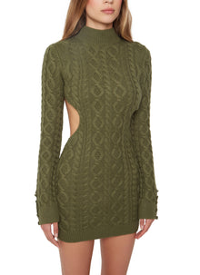 Womens | Cable Knit Backless Turtleneck Dress | Forest Green