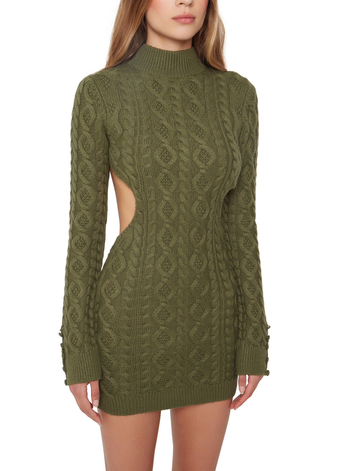 Womens | Cable Knit Backless Turtleneck Dress | Forest Green