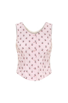 Light pink sleeveless tank top with red cherry print throughout and cream-colored back panel.