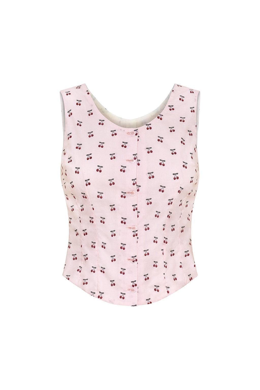 Light pink sleeveless tank top with red cherry print throughout and cream-colored back panel.