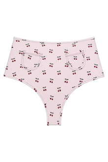 Pink bikini bottom with red cherry print and front patch pockets.