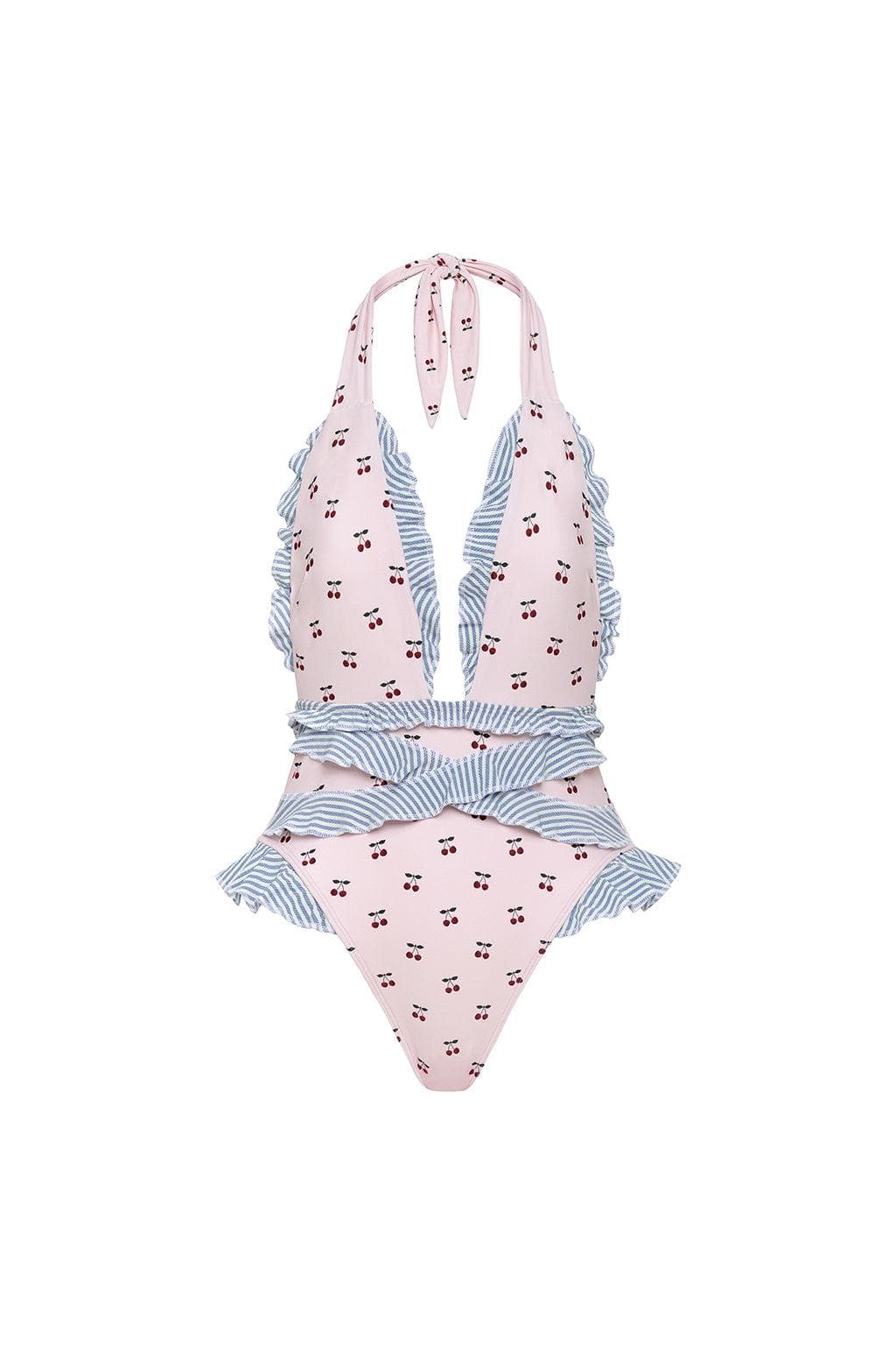 Pink one-piece swimsuit with cherry print, blue striped ruffle trim on halter neckline and waist.