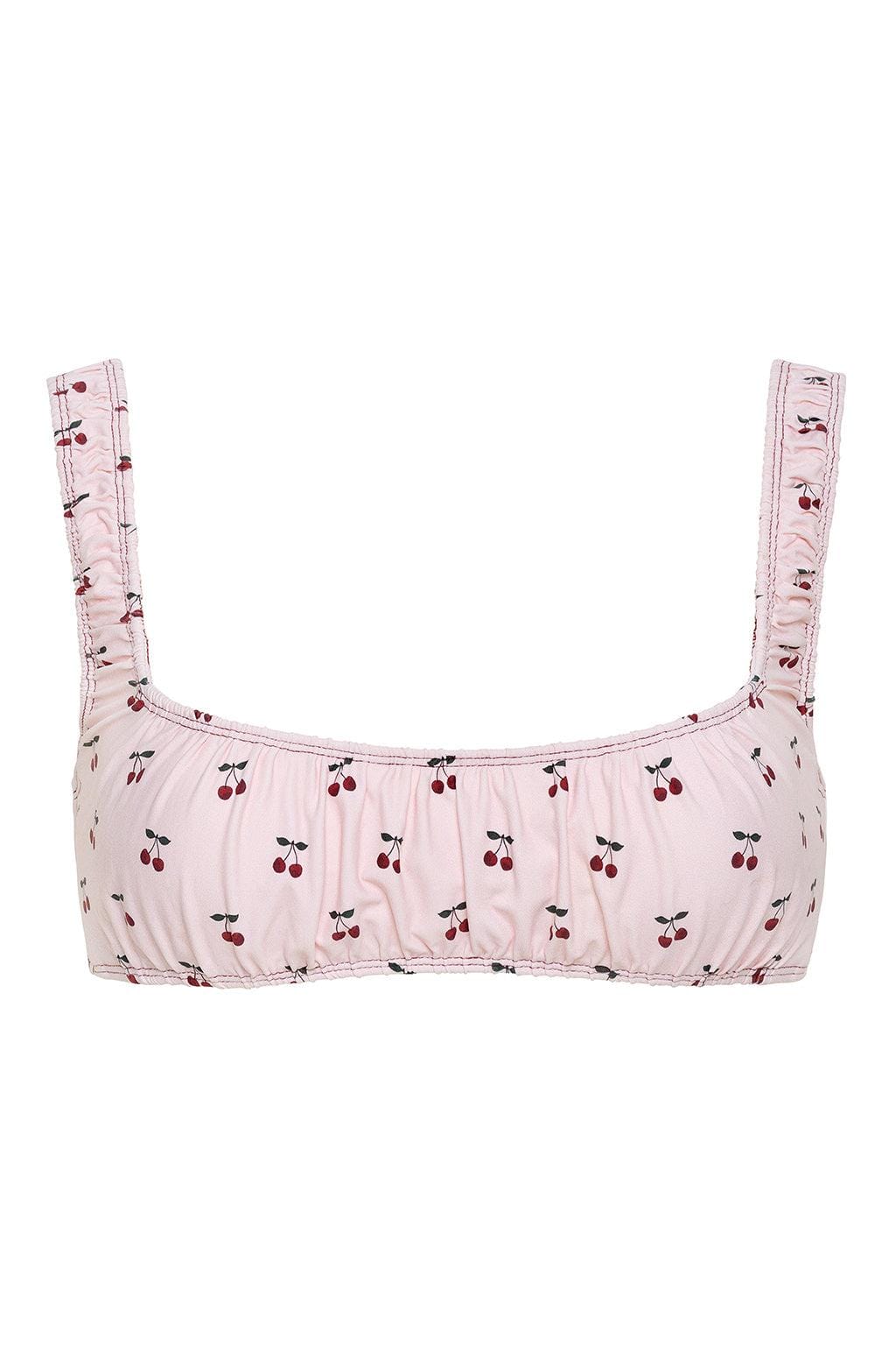 Light pink bikini top with red cherry print and ruched straps, square neckline.