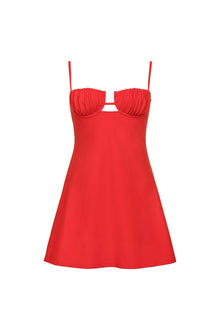 Red short slip dress with ruched cup detail, thin straps, and cutout at center chest.