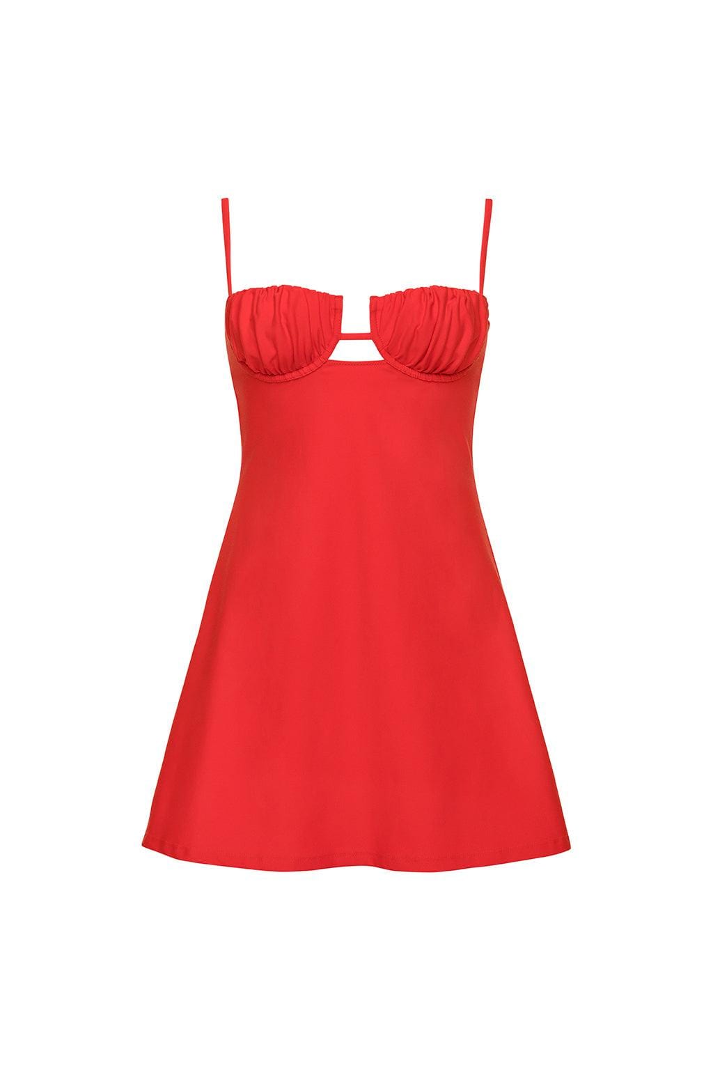 Red short slip dress with ruched cup detail, thin straps, and cutout at center chest.