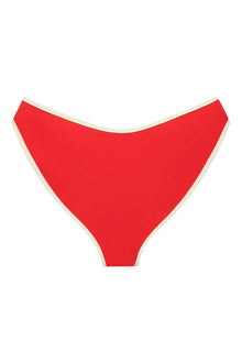 Red bikini bottom with cream binding trim and high-cut legs.