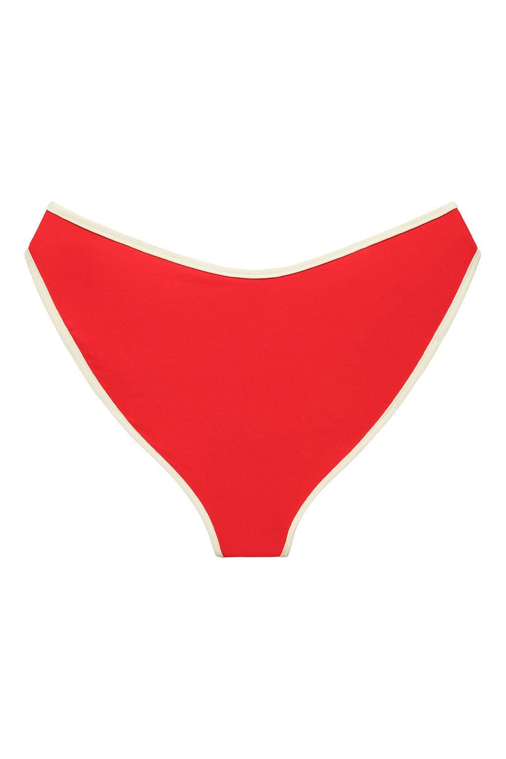 Red bikini bottom with cream binding trim and high-cut legs.