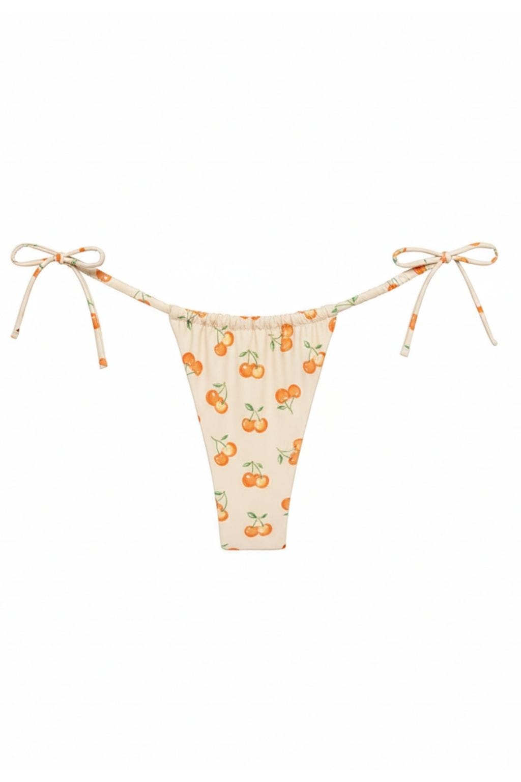 Cream-colored bikini bottom with orange cherry print and adjustable side tie straps with bow details.