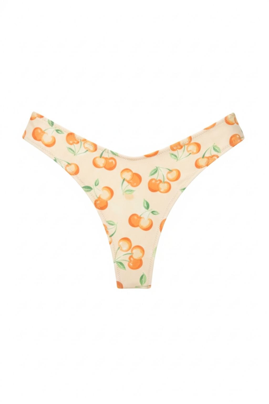 Cream bikini bottom with orange cherry and green leaf print throughout and zig-zag stitching along edges.