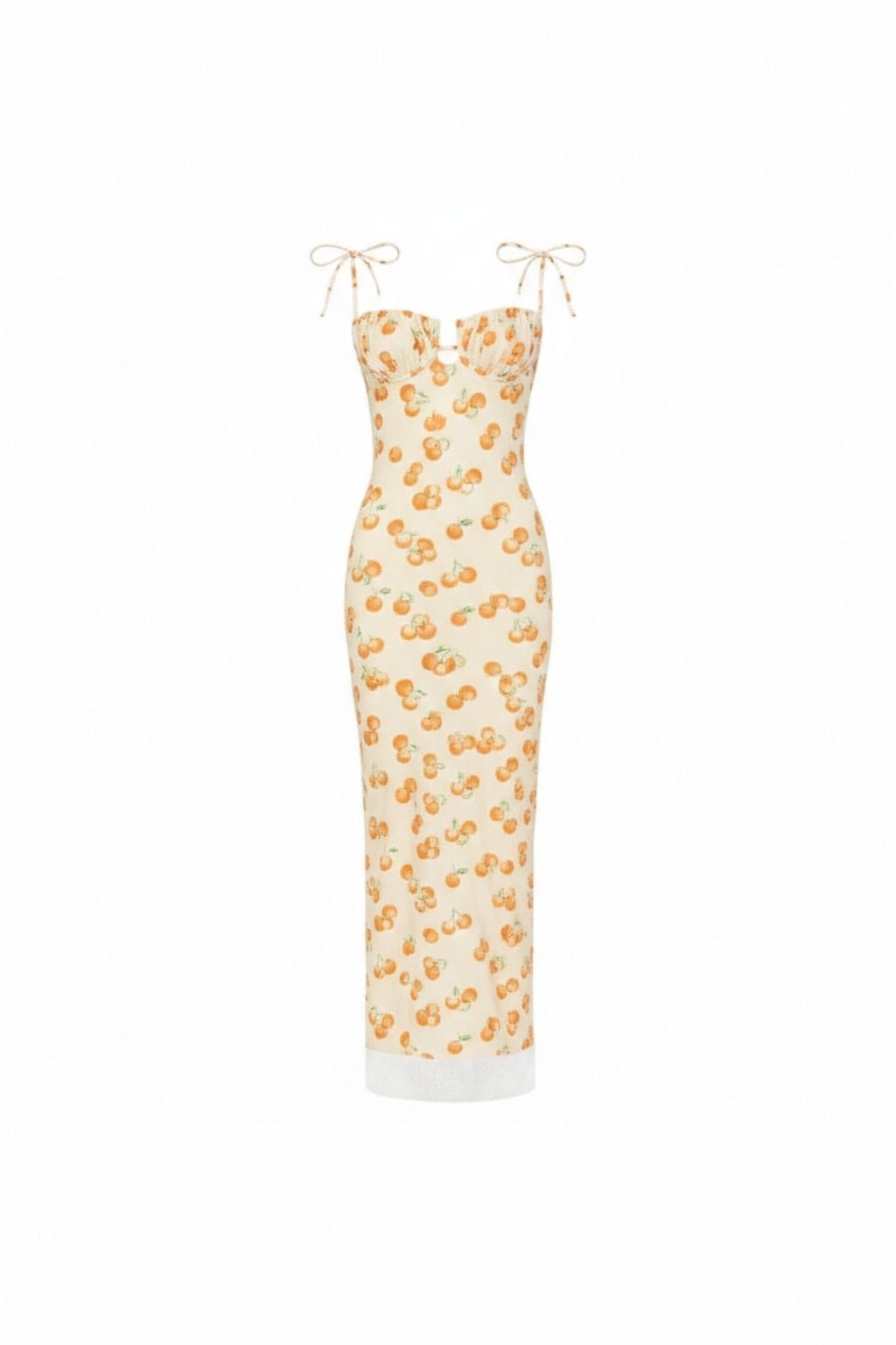 Cream slip dress with orange cherry print, sweetheart neckline, tie shoulders, and white lace trim at hem.