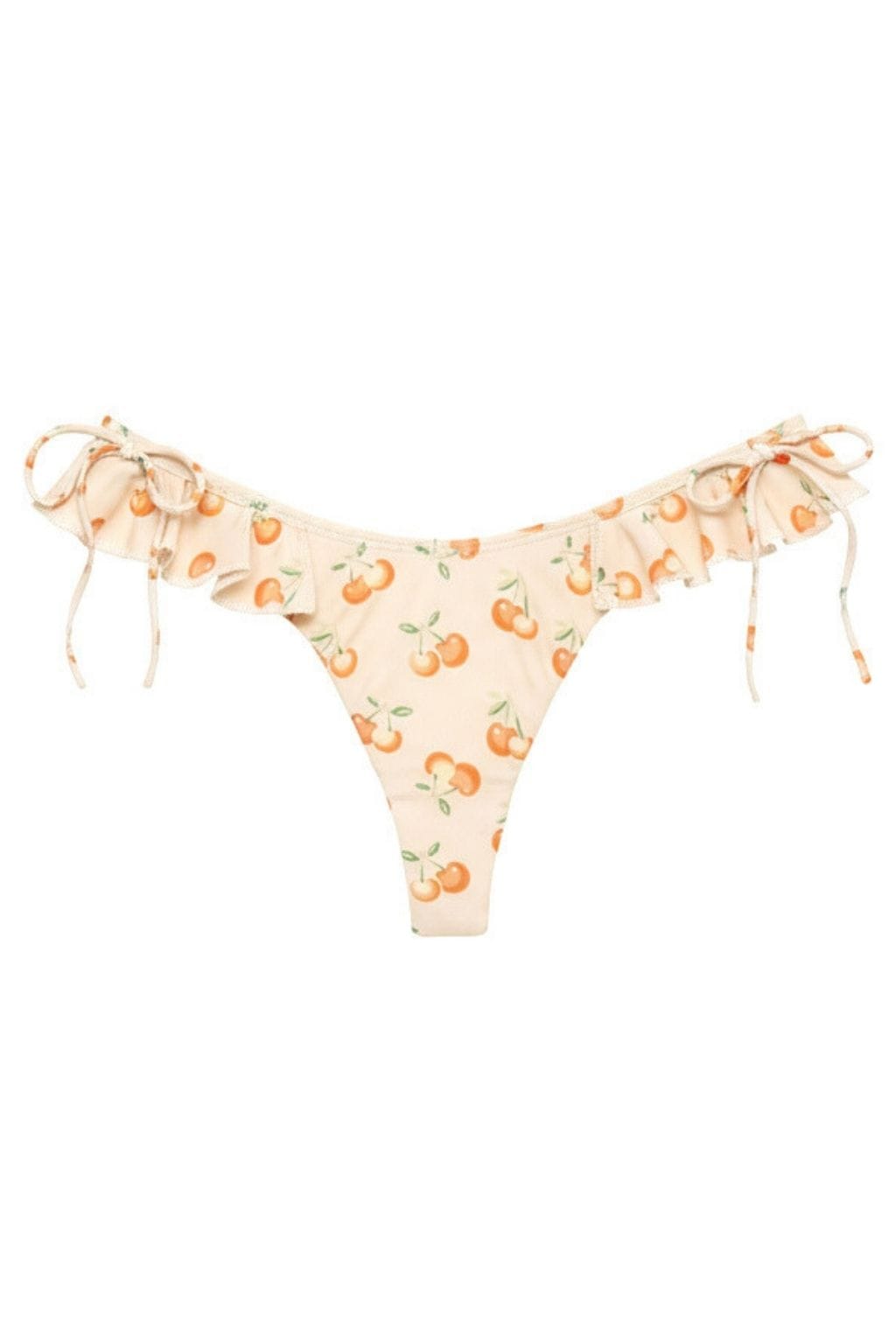 Cream bikini bottom with orange cherry print and ruffled edges, tied with cream-colored bows at the sides.