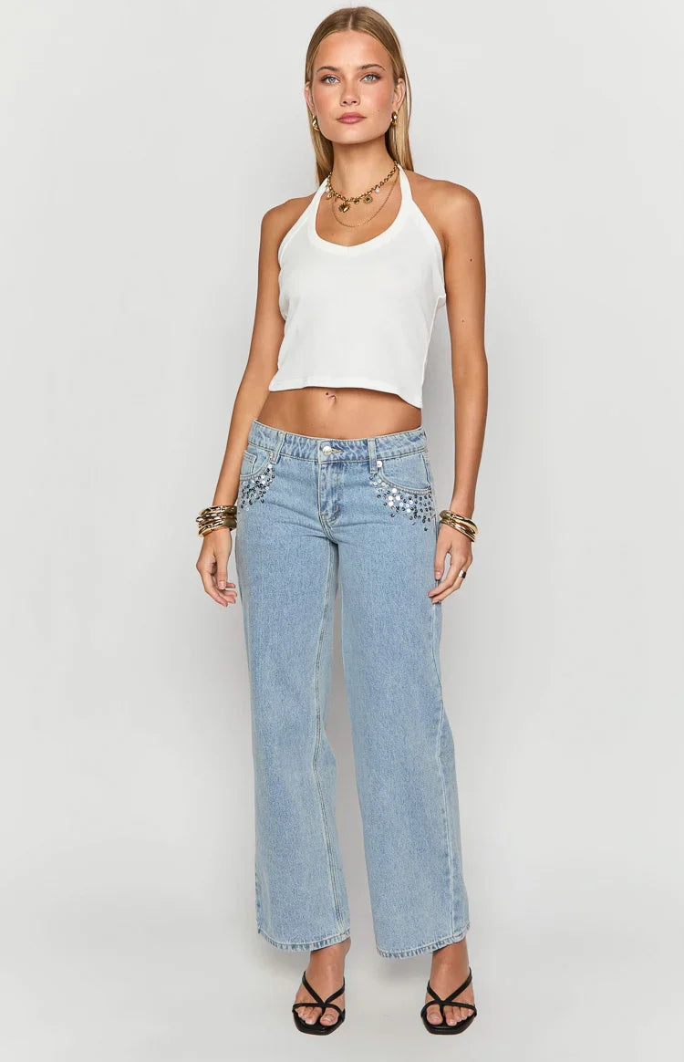 Clara Sequin Denim Low Rise Jeans | Light Wash